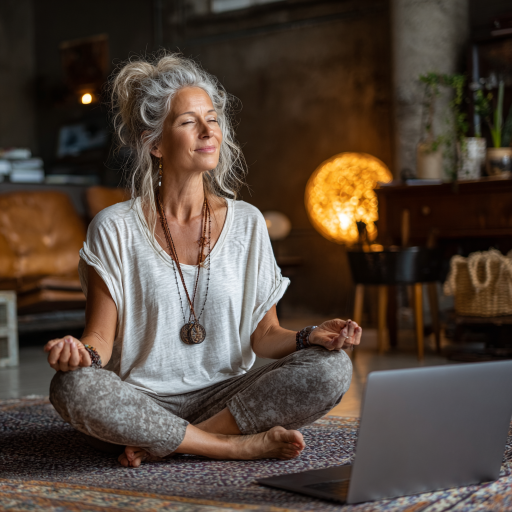 Жінка 52 року займається йогою онлайн в домашній обстановці, дивлячись на екран комп'ютера