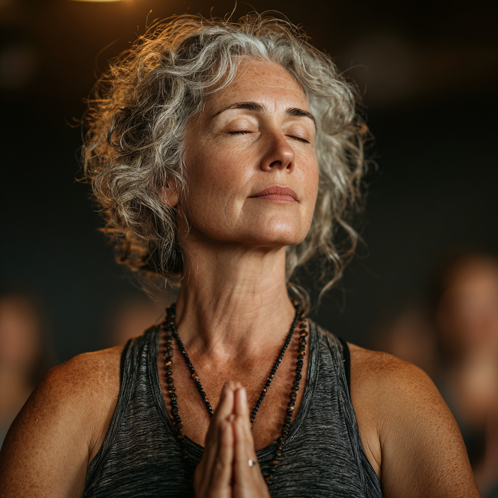 Жінка 55 років виконує м'яку асану в студії йоги, демонструючи спокій та зосередженість