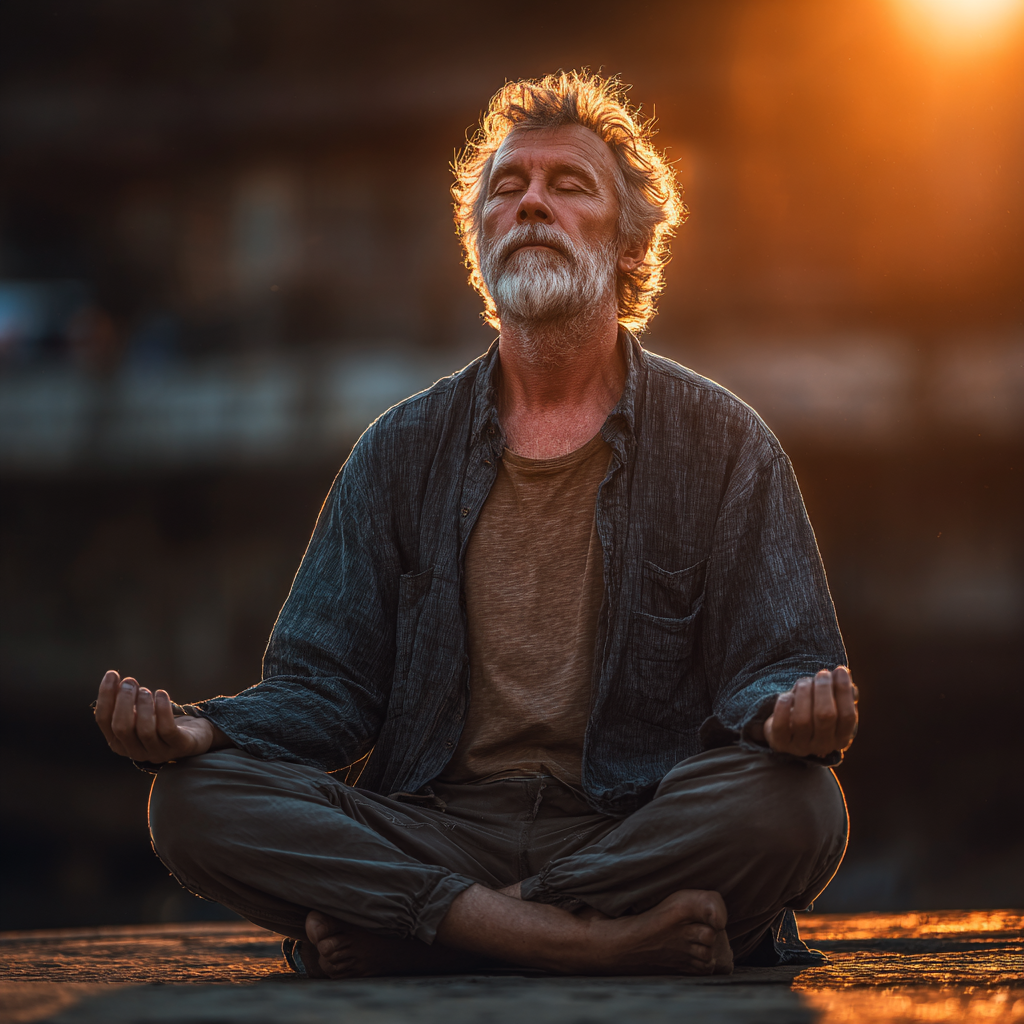 Чоловік 58 років медитує в позі лотоса на природі, демонструючи глибоку концентрацію та внутрішній спокій