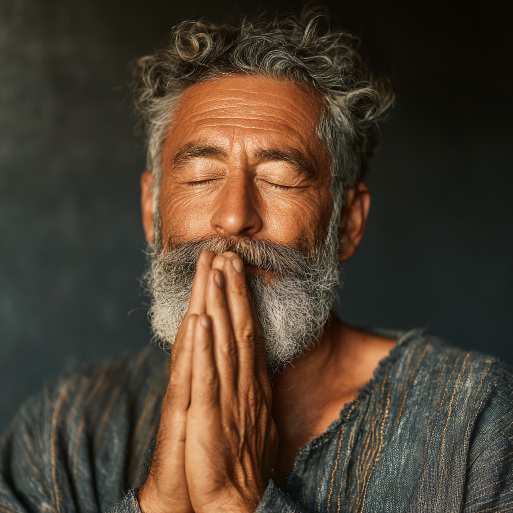 Чоловік 60 років виконує дихальні вправи пранаями в медитативній позі з закритими очима